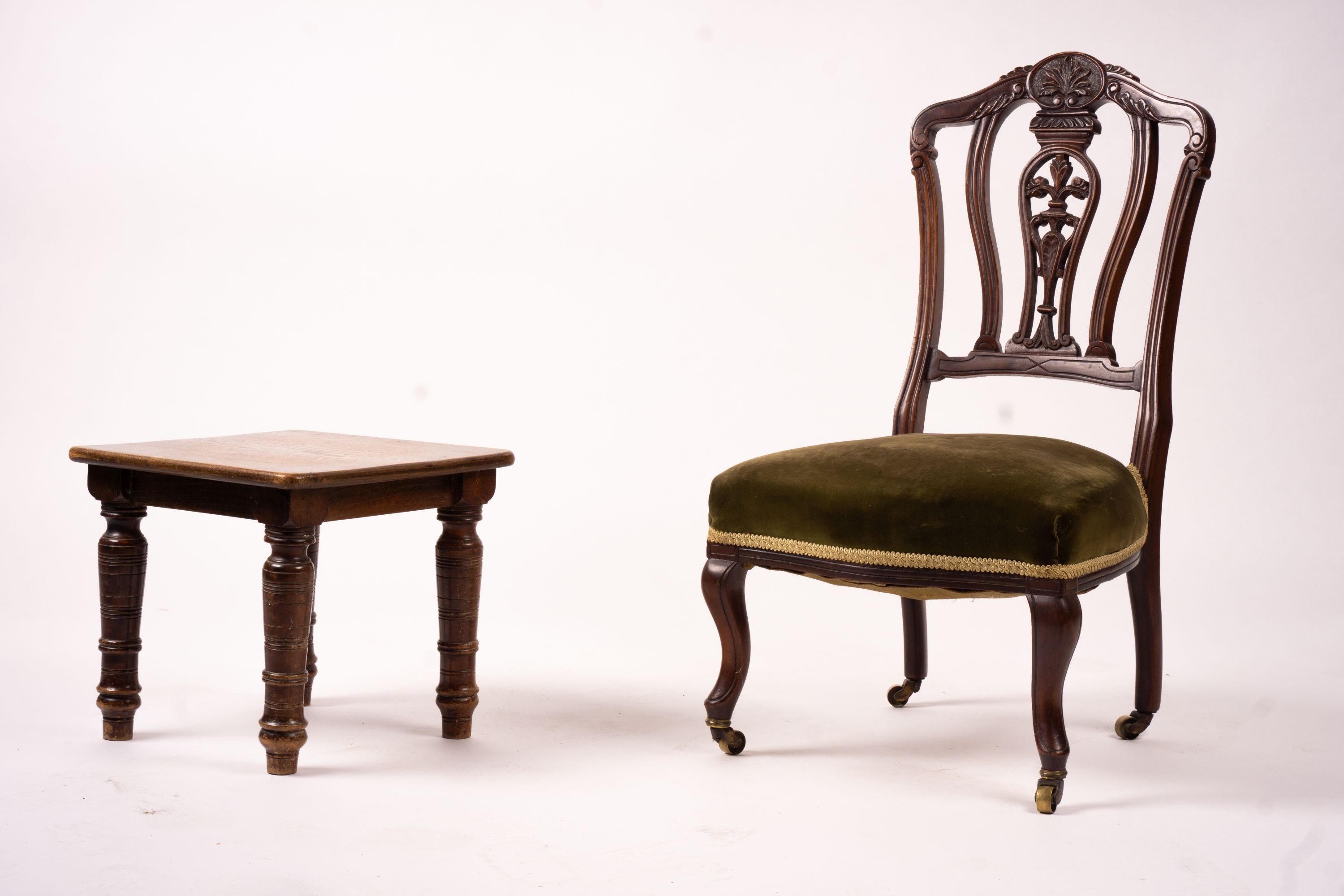 A Victorian salon chair, a Victorian side chair, square oak occasional table and a circular table